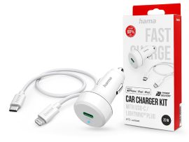 HAMA szivargyújtó töltő adapter Type-C bemenettel + Type-C - Lightning kábel -  20W - HAMA Charger Kit with USB-C - Lightning Plug - fehér