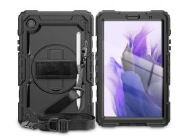 Samsung T220/T225 Galaxy Tab A7 Lite 8.7 ütésálló védőtok 360 fokos védelemmel, 4H kijelzővédő üveggel - Solid - fekete (ECO csomagolás)