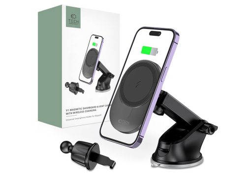 Tech-Protect MM15W-V1 Qi vezeték nélküli autós tartó/gyorstöltő szellőzőrácsba/műszerfalra - fekete
