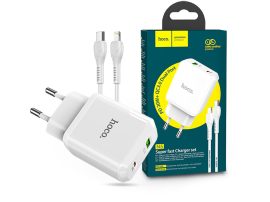 HOCO hálózati töltő adapter Type-C + USB bemenettel + Type-C - Lightning        kábellel - 20W - HOCO N5 Super Fast Charger PD3.0 + QC3.0 - white