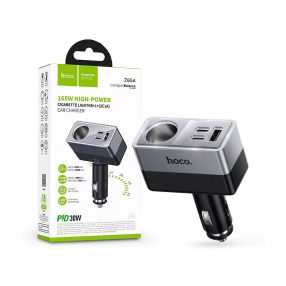   HOCO Z65A 165W/24V PD QC3.0 2xUSB-C+USB-A autós töltő adapter+ autós aljzattal - fekete/ezüst
