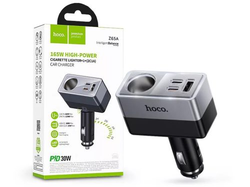 HOCO Z65A 165W/24V PD QC3.0 2xUSB-C+USB-A autós töltő adapter+ autós aljzattal - fekete/ezüst