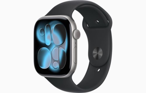 Apple Watch Series 11 GPS, 46 mm-es asztroszürke alumíniumtok, fekete sportszíj – M/L