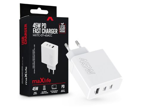 Maxlife MXTC-07-45ACC PD+QC 45W hálózati gyorstöltő adapter 2xType-C + USB - fehér