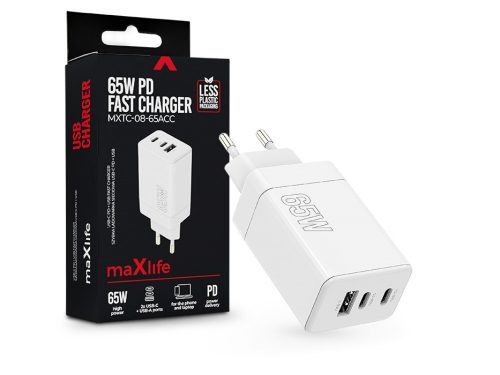 Maxlife MXTC-08-65ACC PD+QC 65W hálózati gyorstöltő adapter 2xType-C + USB - fehér