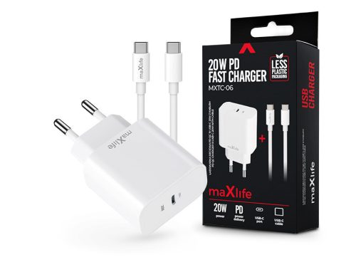 Maxlife MXTC-06 PD+QC 20W hálózati gyorstöltő adapter Type-C + Type-C/Type-C kábel - fehér