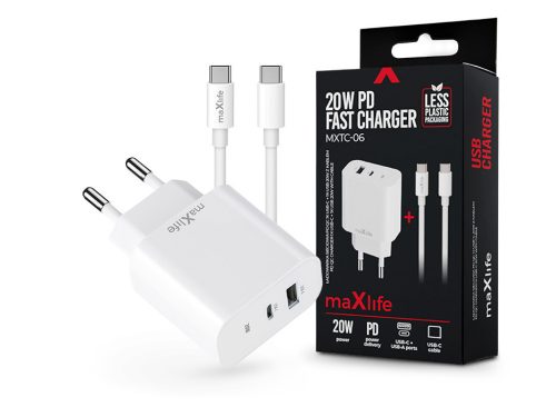 Maxlife MXTC-06 PD+QC 20W hálózati gyorstöltő adapter USB + Type-C + Type-C/Type-C kábel - fehér