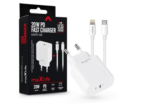 Maxlife MXTC-06 PD+QC 20W hálózati gyorstöltő adapter Type-C + Type-C/Lightning kábel - fehér