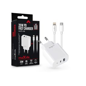   Maxlife MXTC-06 PD+QC 20W hálózati gyorstöltő adapter USB + Type-C + Type-C/Lightning kábel - fehér
