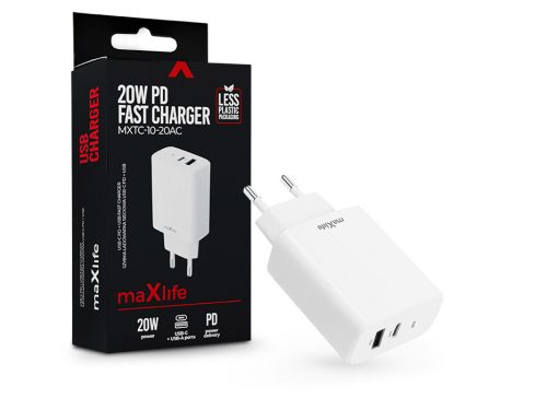 Maxlife MXTC-06 PD+QC 20W hálózati gyorstöltő adapter Type-C + USB - fehér