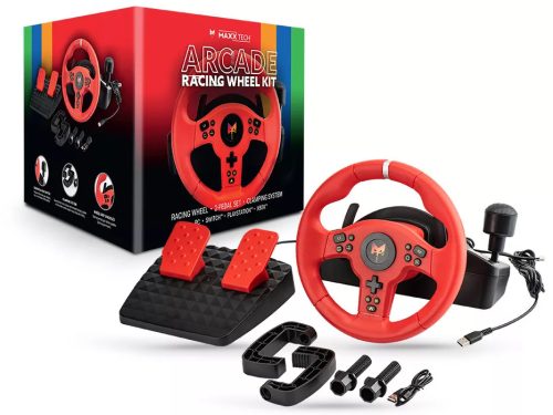 Maxx Tech Arcade PC/Switch 1&2/PS4/PS5*/Xbox One&Series fekete/piros kormány és pedál készlet