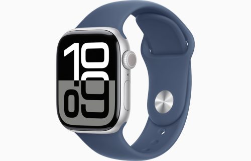 Apple Watch Series 10 GPS, 42 mm-es ezüstszínű alumíniumtok, denimszínű sportszíj – S/M