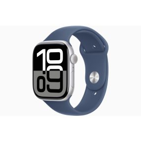   Apple Watch Series 10 GPS, 46 mm-es ezüstszínű alumíniumtok, denimszínű sportszíj – M/L