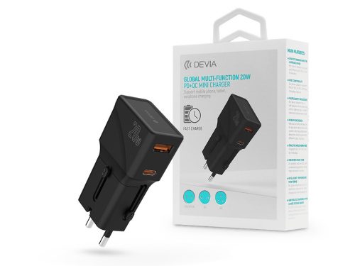 Devia Global 20W PD+QC hálózati gyorstöltő utazó adapter(CN/JP/US/EU/UK/AU) - fekete