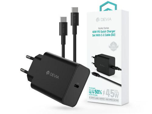 Devia Rocket Series 45W PD+QC hálózati gyorstöltő adapter + Type-C/Type-C kábel - fekete