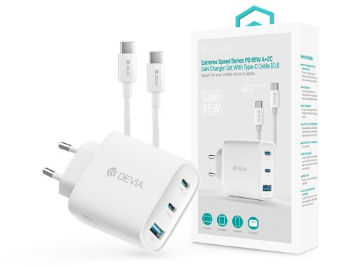 Devia Extreme Speed Series 65W GaN PD hálózati gyorstöltő adapter USB+2xType-C+Type-C kábel - fehér