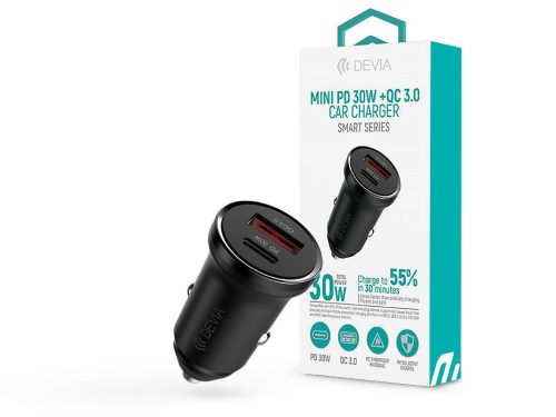 Devia Smart Series Mini 30W PD+QC USB+Type-C autós töltő adapter - fehér