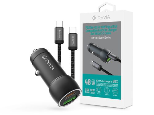 Devia Extreme Speed Series 30W PD+QC USB+Type-C autós töltő adapter+Type-C/Type-C kábel 1m - fekete