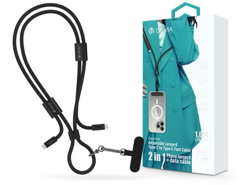 Devia Cable Pro5 Woven 60W PD Type-C/Type-C adat- és töltőkábel + nyakpánt 1.6m - fekete
