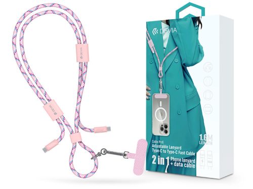 Devia Cable Pro5 Woven 60W PD Type-C/Type-C adat- és töltőkábel + nyakpánt 1.6m - pink