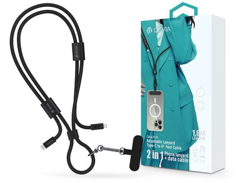 Devia Cable Pro5 Woven 27W PD Type-C/Lightning adat- és töltőkábel + nyakpánt 1.6m - fekete