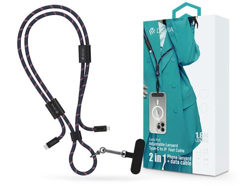 Devia Cable Pro5 Woven 27W PD Type-C/Lightning adat- és töltőkábel + nyakpánt 1.6m - kék