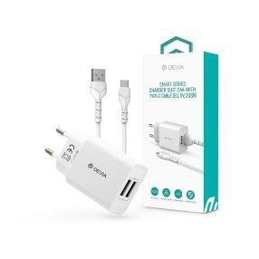   Devia Smart Series 12W 2xUSB hálózati töltő adapter + USB/Type-C kábel 1m - fehér