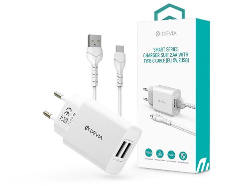 Devia Smart Series 12W 2xUSB hálózati töltő adapter + USB/Type-C kábel 1m - fehér