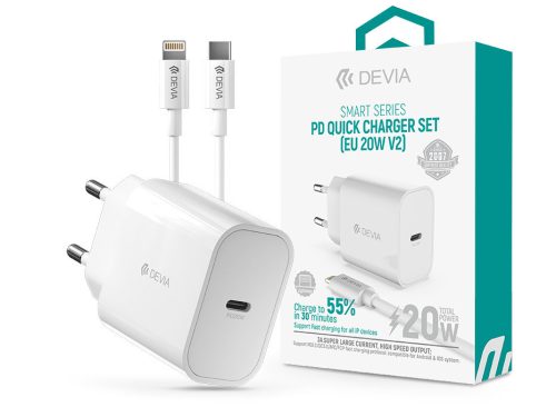 Devia Smart Series 20W PD hálózati gyorstöltő adapter V2 + Type-C/Lightning kábel - fehér