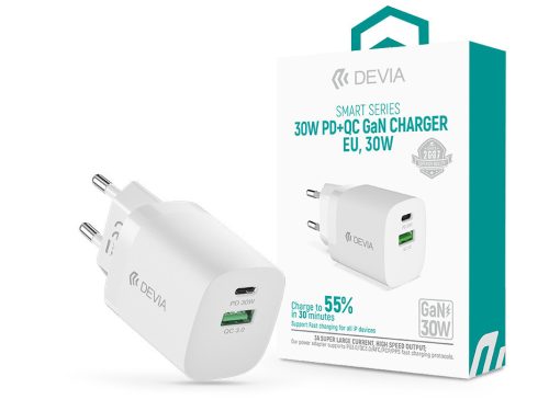 Devia Smart Series 30W GaN PD+QC hálózati gyorstöltő adapter USB+Type-C - fehér