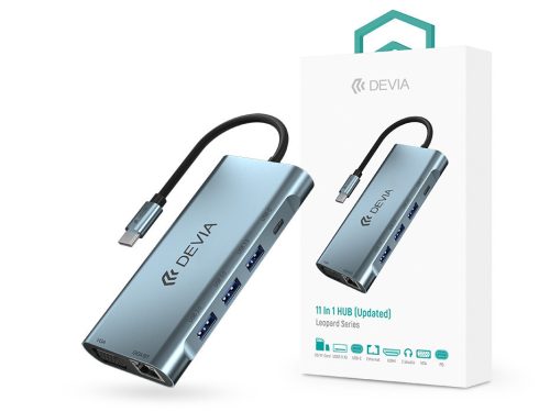 Devia Leopard 11in1 Hub - Type-C - 3xUSB/Type-C/PD/HDMI/VGA/RJ45/Card/Jack elosztó/adapter - szürke