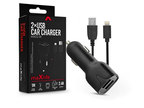 Maxlife MXCC-01 12W 2xUSB autós töltő adapter+USB/Lightning kábel 1m - fekete