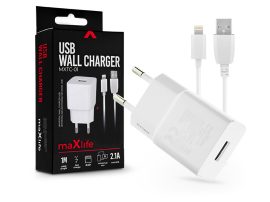 Maxlife USB hálózati töltő adapter + lightning adatkábel 1 m-es vezetékkel - Maxlife MXTC-01 USB Wall Charger - 5V/2,1A - fehér