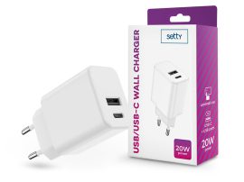 Setty hálózati töltő adapter Type-C + USB bemenettel - 20W - Setty USB/USB-C Wall Charger PD3.0  - fehér