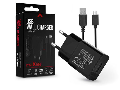 Maxlife MXTC-01 10W hálózati töltő adapter + USB/microUSB kábel 1m - fekete