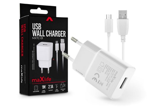 Maxlife MXTC-01 10W hálózati töltő adapter + USB/microUSB kábel 1m - fehér