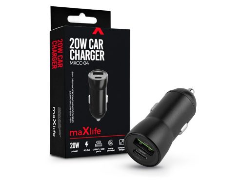 Maxlife MXCC-04 20W PD+QC autós gyorstöltő adapter USB+Type-C - fekete