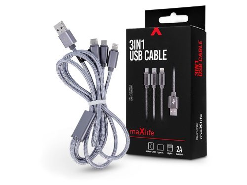 Maxlife 3 in 1 10W Lightning/microUSB/Type-C USB Cable töltő- és adatkábel 1m - ezüst
