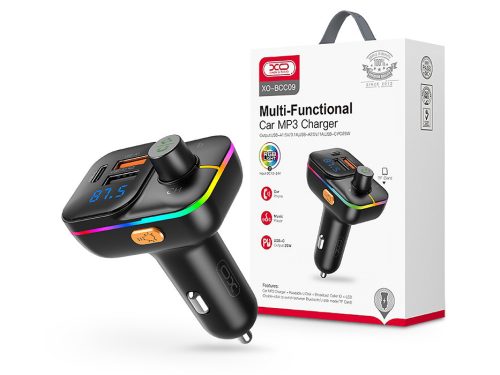 XO BCC09 Bluetooth FM-transmitter/gyorstöltő 25W PD 2xUSB/MP3/Pendrive lejátszás/RGB Light - fekete